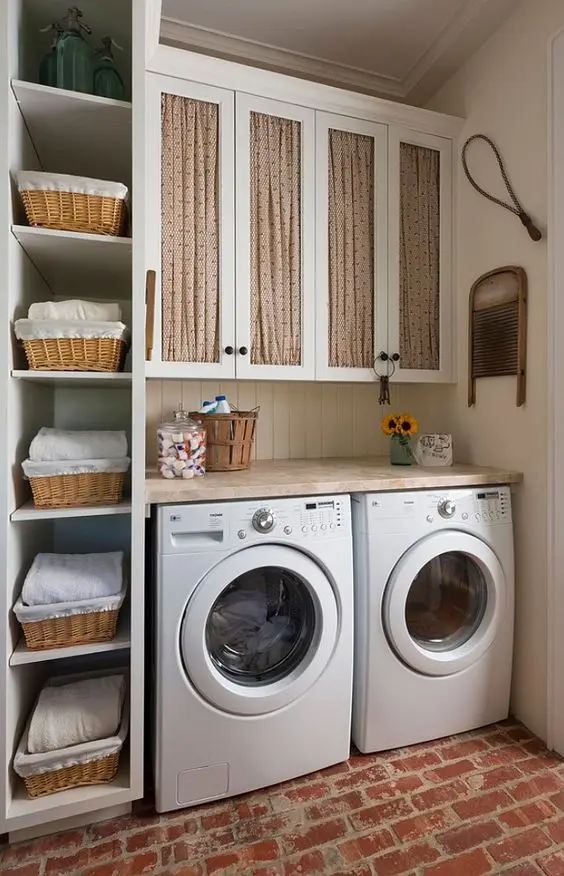 rustic laundry room with open shelves