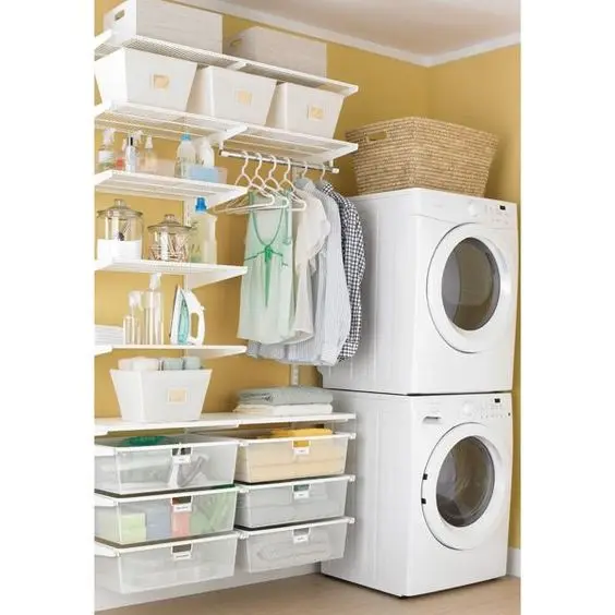 Open Shelves Storage small laundry: Open shelves help avoid the cramped look. This adjustable open shelving idea provides