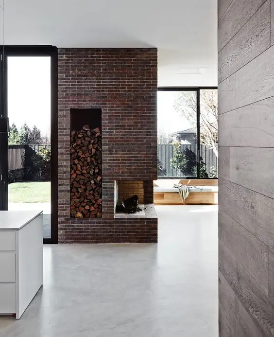 modern house with brick fireplace
