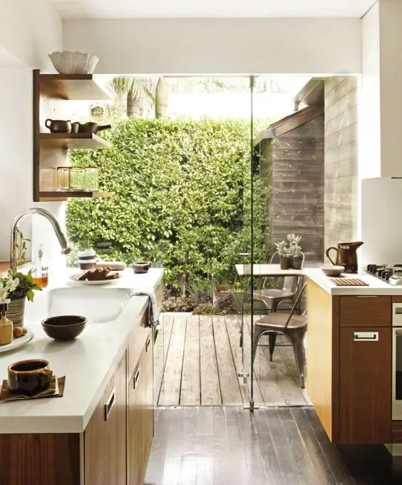 small kitchen with glass wall