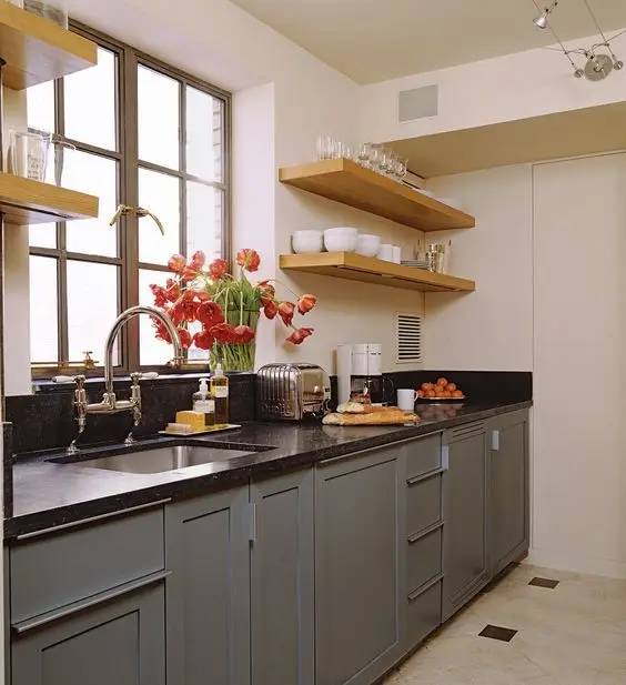 Practical Floating Shelves small kitchen: Floating shelves are the best storage option for cramped spaces. Unlike cabinets