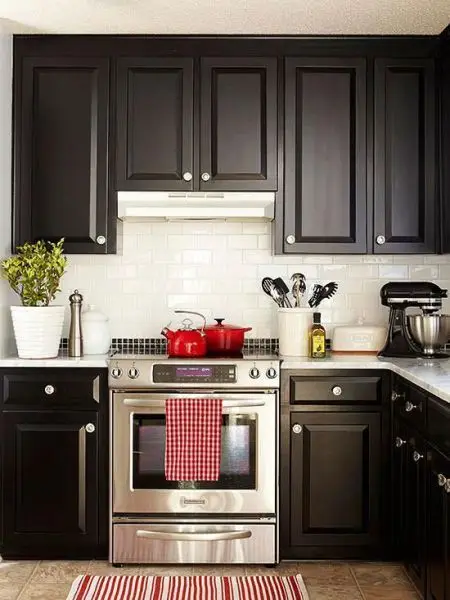 small red and black kitchen
