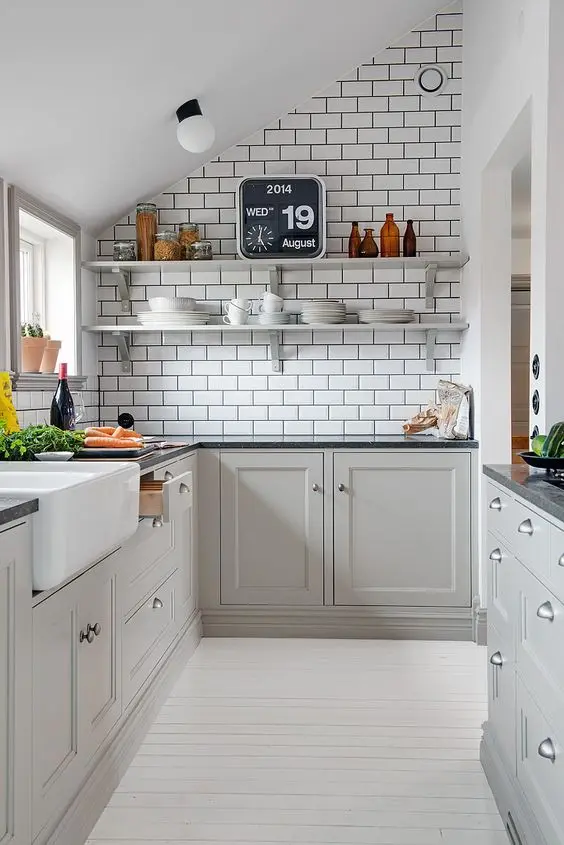 Modern Off-Whites small kitchen: Painting walls white will make the room appear bigger. But if white is too glaring or too