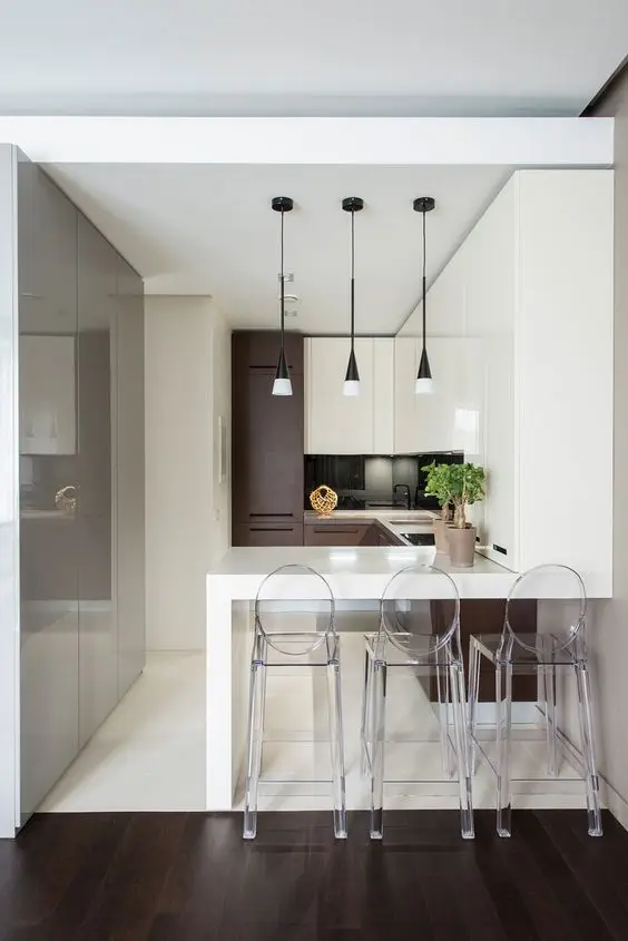 small kitchen with transparent stools