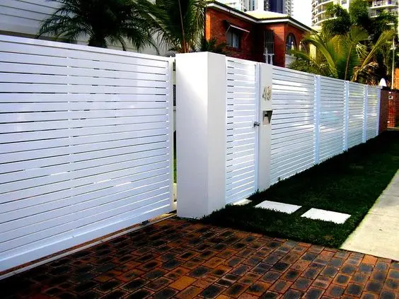 White Horizontal Slats fence: All-white horizontal slats, no ornament at all