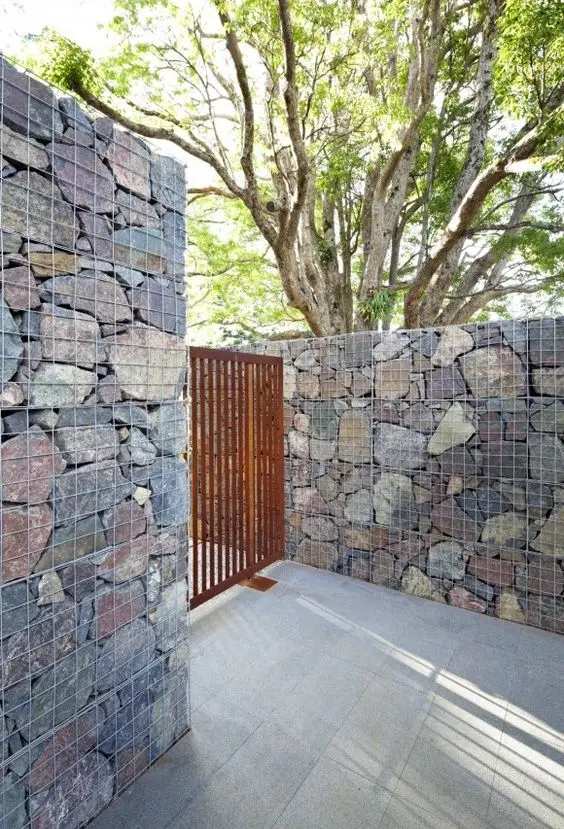 Modern Gabion Wall fence: Wire baskets packed with stone, a system that's been holding back earth since medieval times