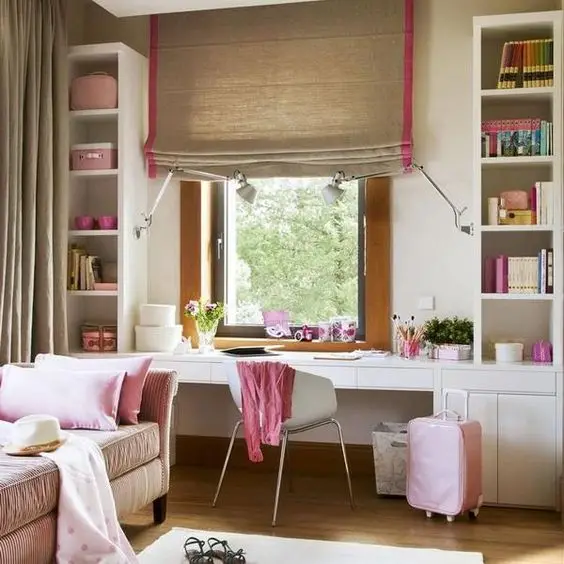 white and pink study area