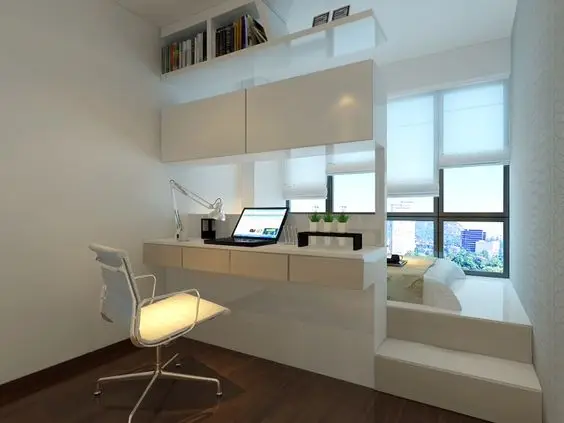 A Student’s Study and Bedroom study area: This is a modern and efficient room design for teens and students. The bed is
