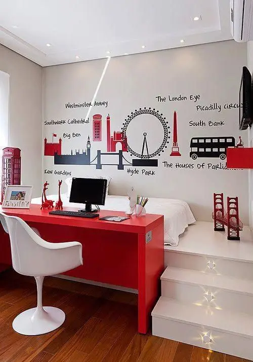white and red student's bedroom