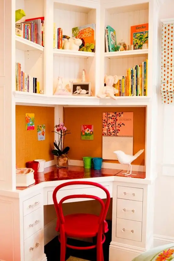 Corner Nook study area: Install a study area for your young student right in his or her bedroom. This smart and functional