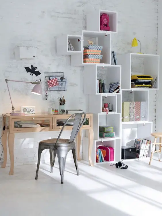 Fun Shelves study area: Shelves are must-haves for office or homework zones where you tend to have lots of stuff – papers