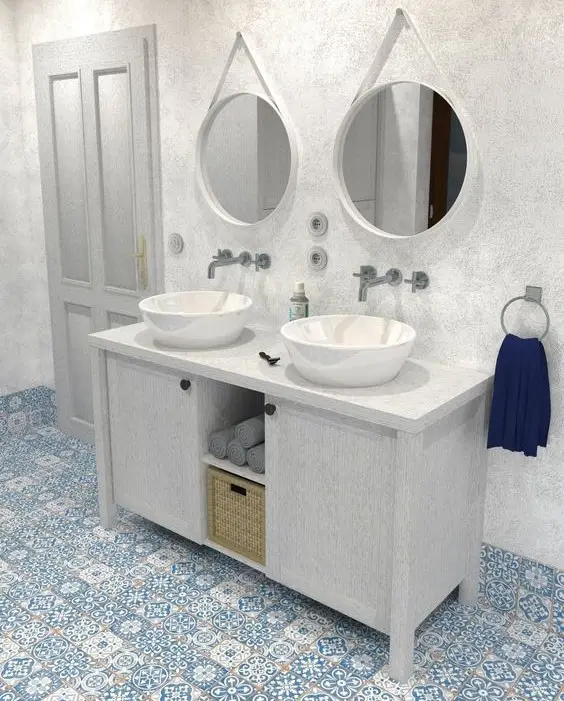 white and blue bathroom