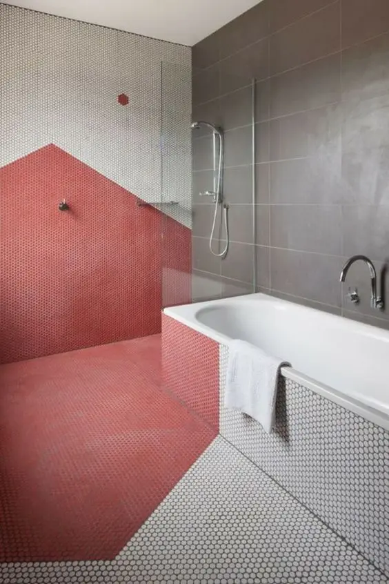 modern red and white bathroom
