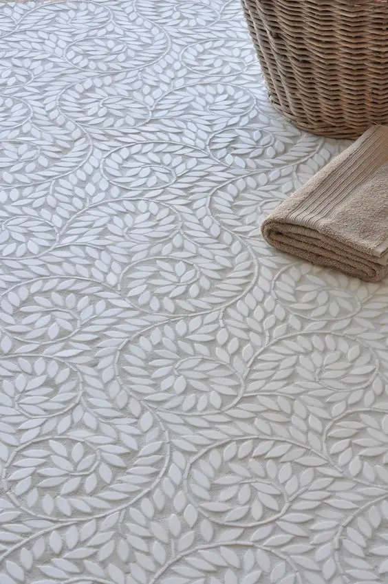 white etched tile bathroom floor