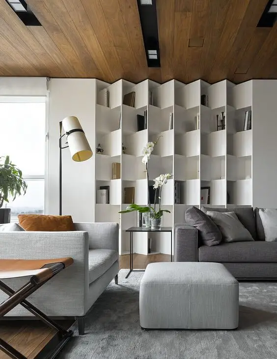 built in wall shelves living room