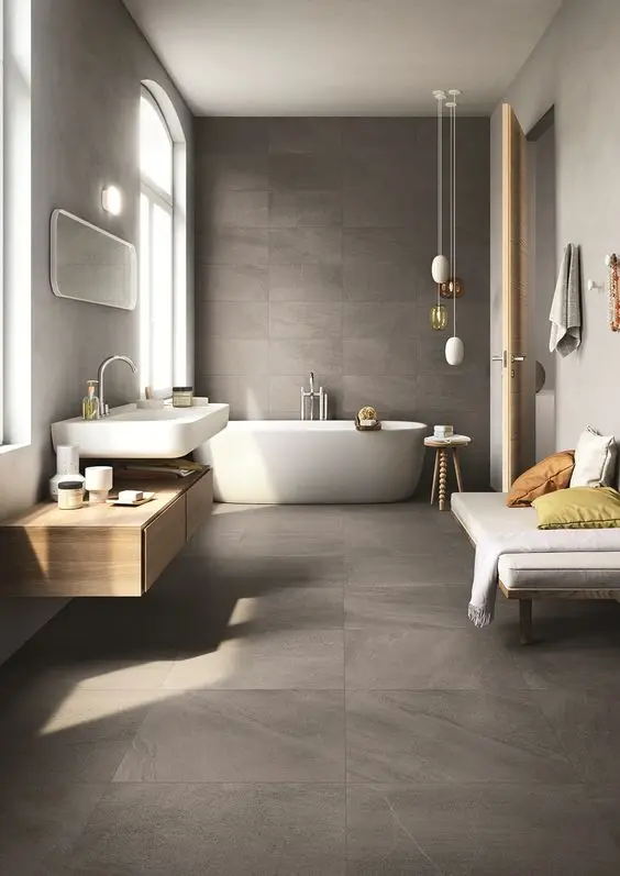 Stone and Glass Scandinavian interior: Natural elements are big in Scandinavian interiors. Natural slate floors and walls