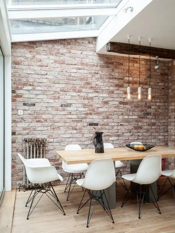modern kitchen with brick wall