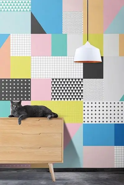 Graphics and Pastels Scandinavian interior: Scandinavian styling also comes with colours! This bright and cheerful wall