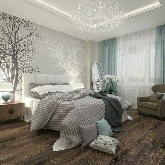 Whimsical Woodlands bedroom: Go magical with a woodlands themed bedroom! This adorable teal, white and grey bedroom will