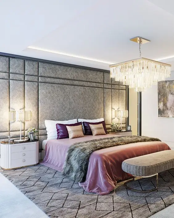 Statement Chandelier bedroom: Another way to depict luxury in the bedroom is by simply adding a fabulous chandelier. This