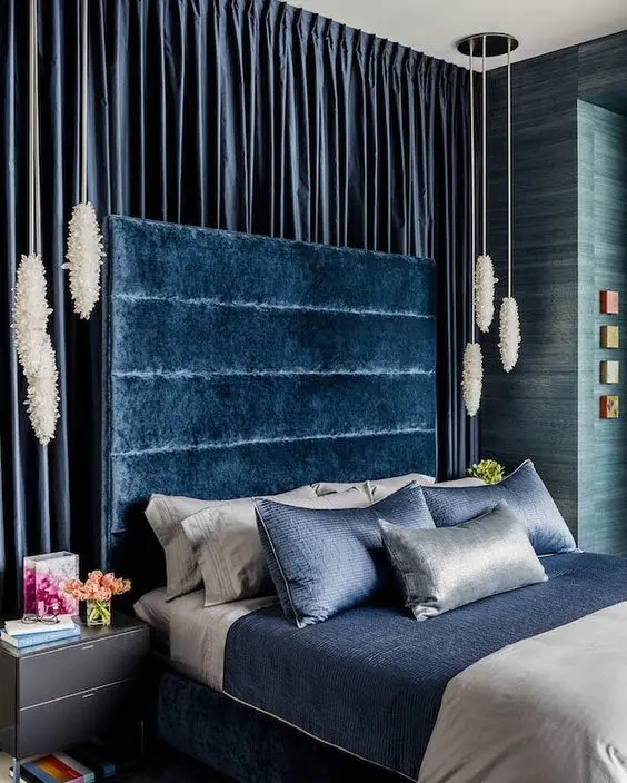 midnight blue luxurious bedroom