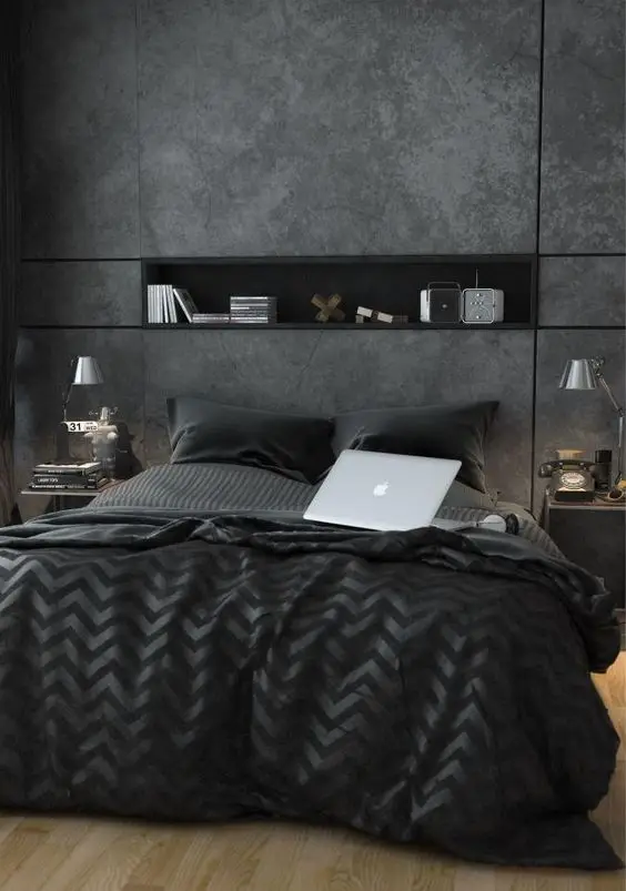 Black Concrete bedroom: Black is beautiful, sleek and luxurious. This modern take on minimalism leaves the black concrete
