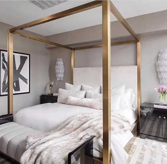 Golden Four-Poster bedroom: A classic add-on to most luxurious bedroom ideas and designs are canopies. Add a golden canopy