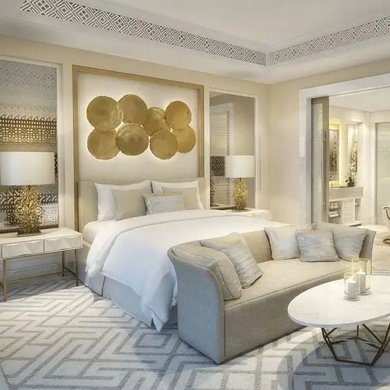 white and gold luxurious bedroom
