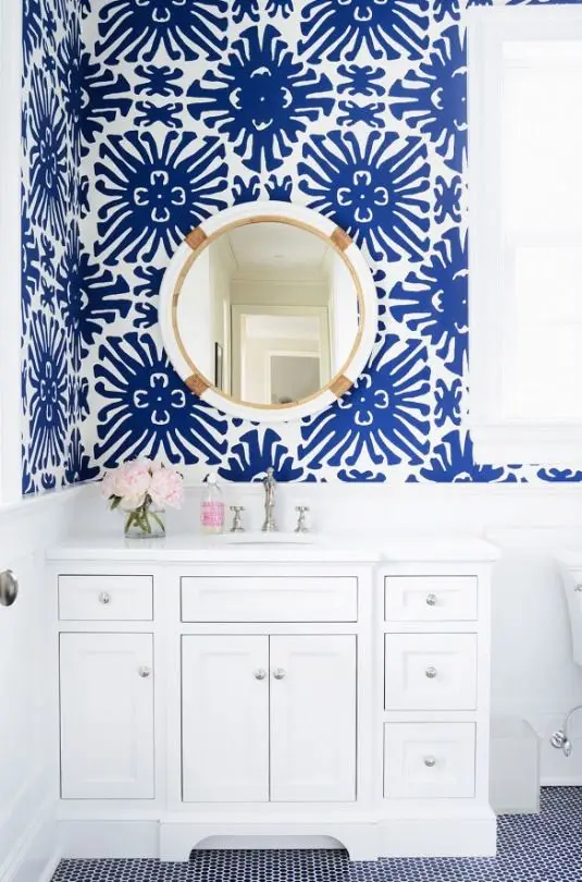 blue and white powder room