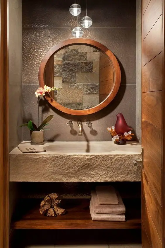 stone and wood powder room
