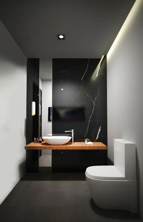 black marbled powder room