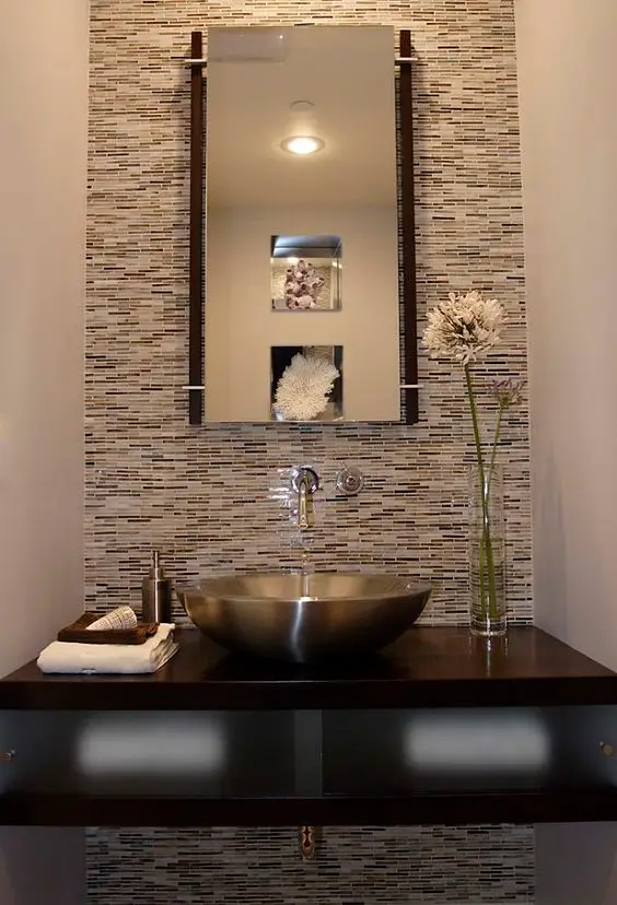 Coppered Charm powder room: Dainty, polished and elegant. This modern powder room is gracefully subdued - muted colour