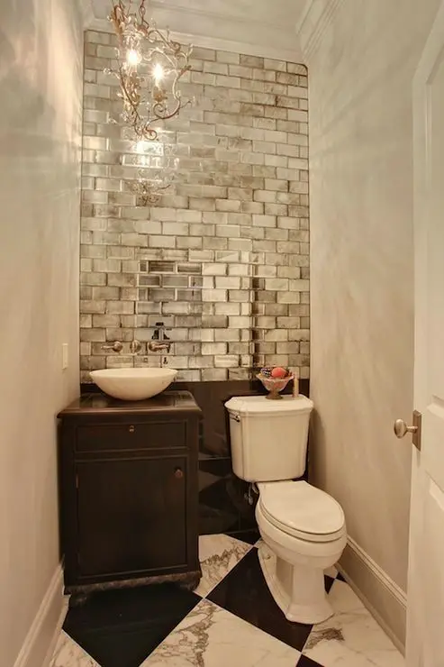Mirror Subway Tiles powder room: Add a little flash and shine to expand a rather smallish room. Mirrors are also popularly
