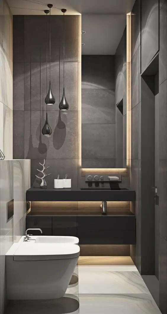 Grey Sophistication powder room: This powder room is all business and cosmopolitan luxury. The well-appointed room passed on
