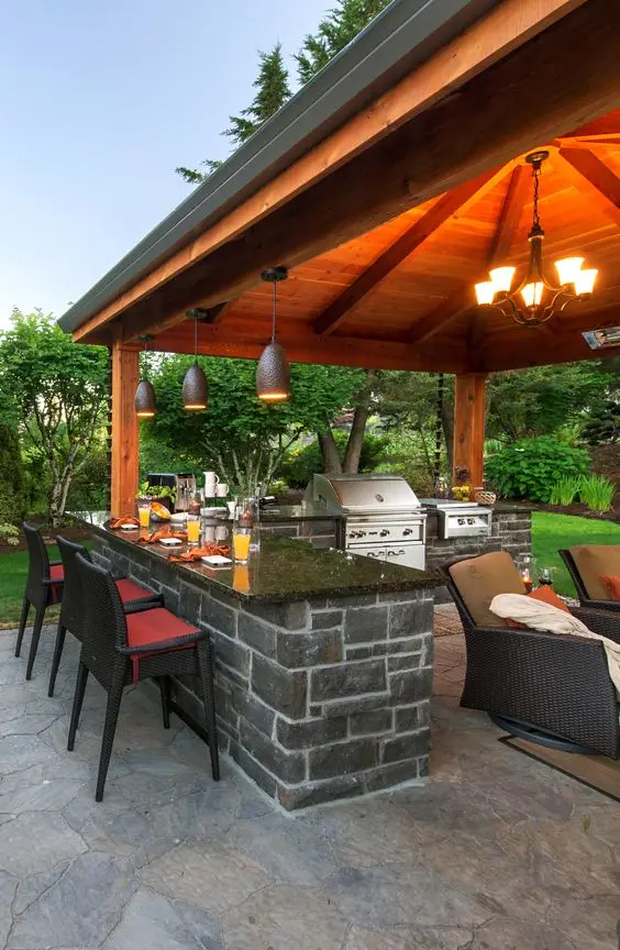 Kitchen and Bar: Convert your backyard pavilion into this classy outdoor kitchen. The timeless design features an L-shaped