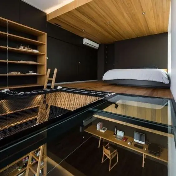 glass-floored loft bedroom