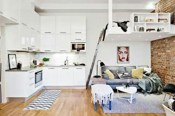 studio apartment with raised bed