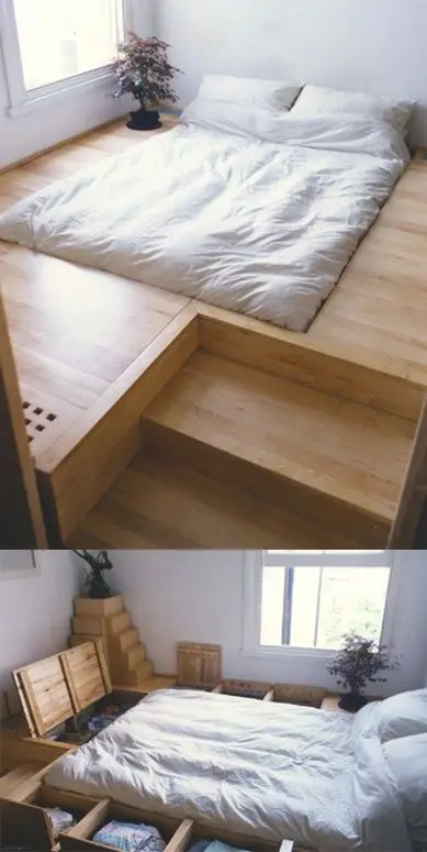 sunken bed with floor storage