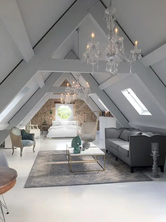 Top Floor Suite loft bedroom: Your loft bedroom doesn’t have to be monastic and cramped. This attic bedroom is posh, elegant