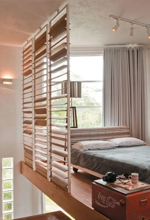 loft bedroom with wood slats