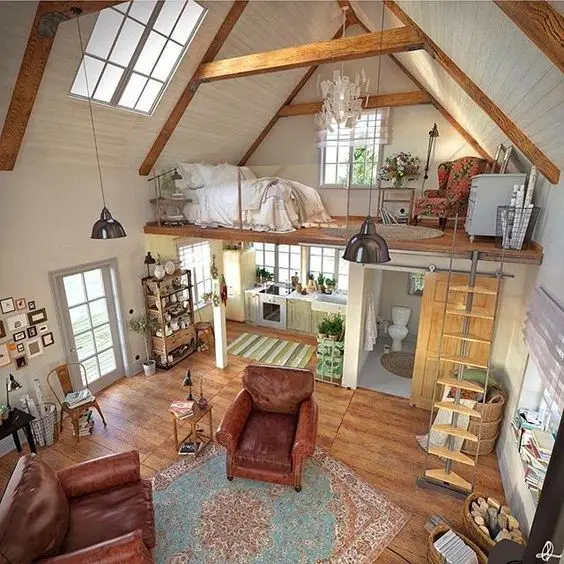 Open Floor Planned Cottage loft bedroom: This one-room cottage is both cosy and roomy. Every corner has an assigned