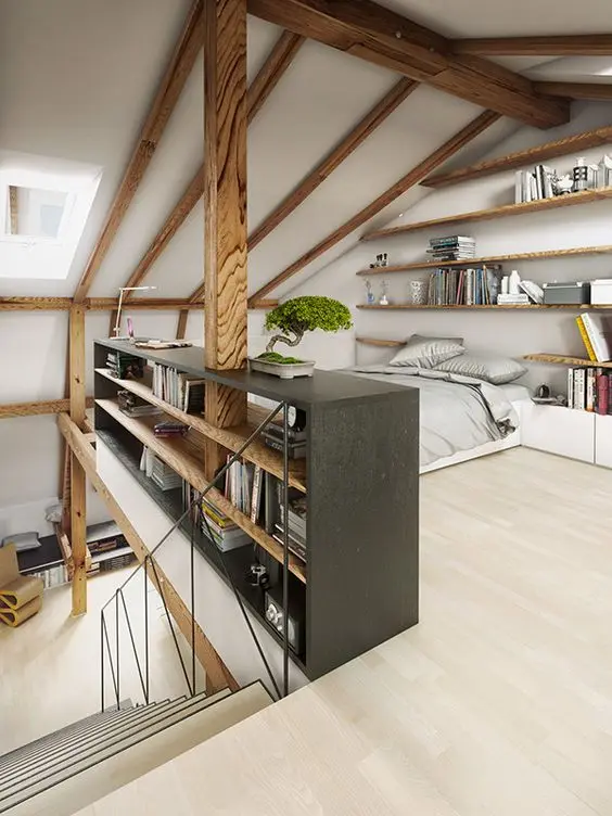 spacious and organized loft bedroom