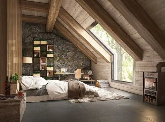 Skylight Window loft bedroom: Pitched ceilings are common to attic and loft bedroom ideas and designs. Building a skylight