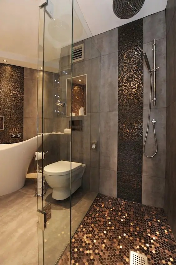 concrete and copper bathroom
