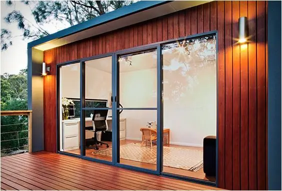 backyard office with glass doors