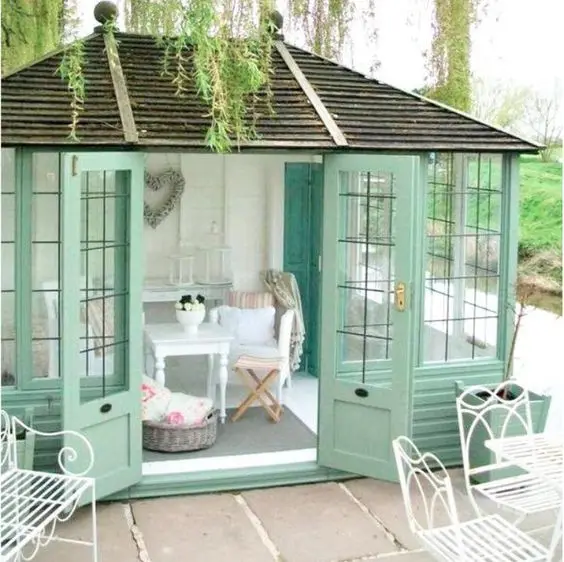 green and white garden office