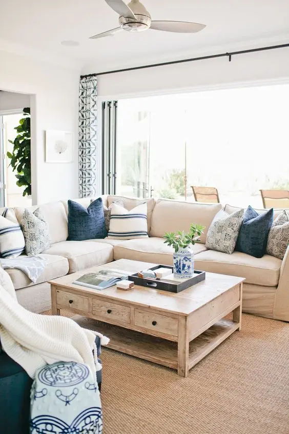 blue and beige family room