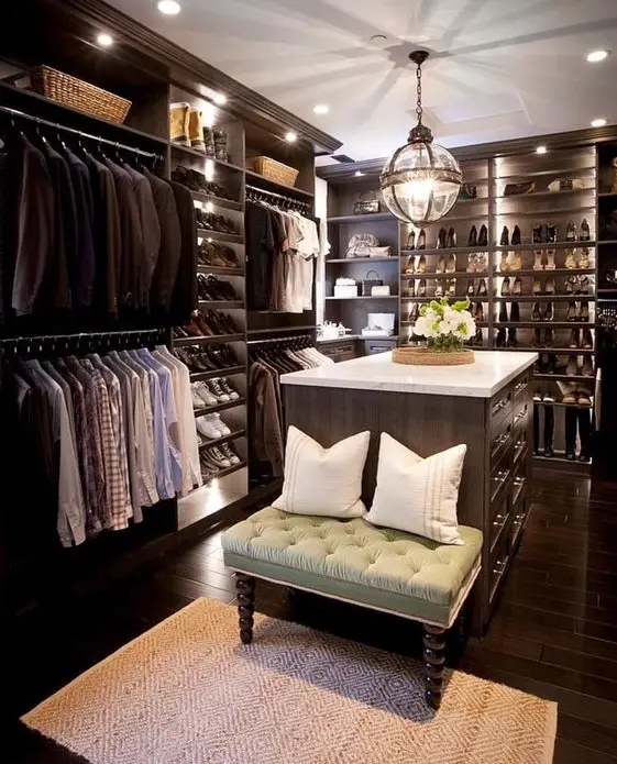Brown Indulgence bedroom closet: Plush, well-appointed, elegant. The classic luxurious closet. The warm and rich brown wood