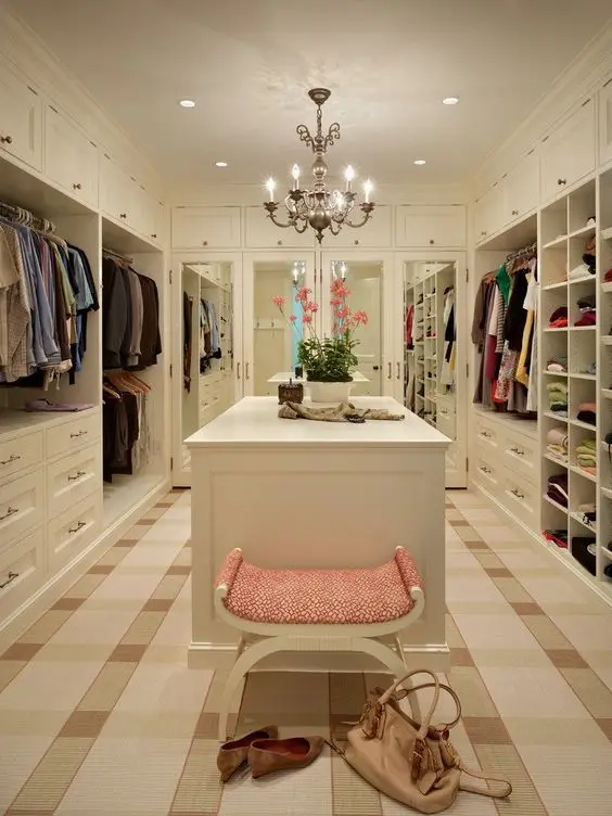 Peach and Beige bedroom closet: Bright, feminine, beautiful. Stylishly patterned flooring, bright beige interiors and pretty