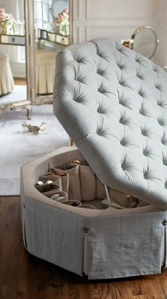 Upholstered Footstool Storage bedroom closet: Make that pretty footstool functional too! Adding shoe pockets inside the seat